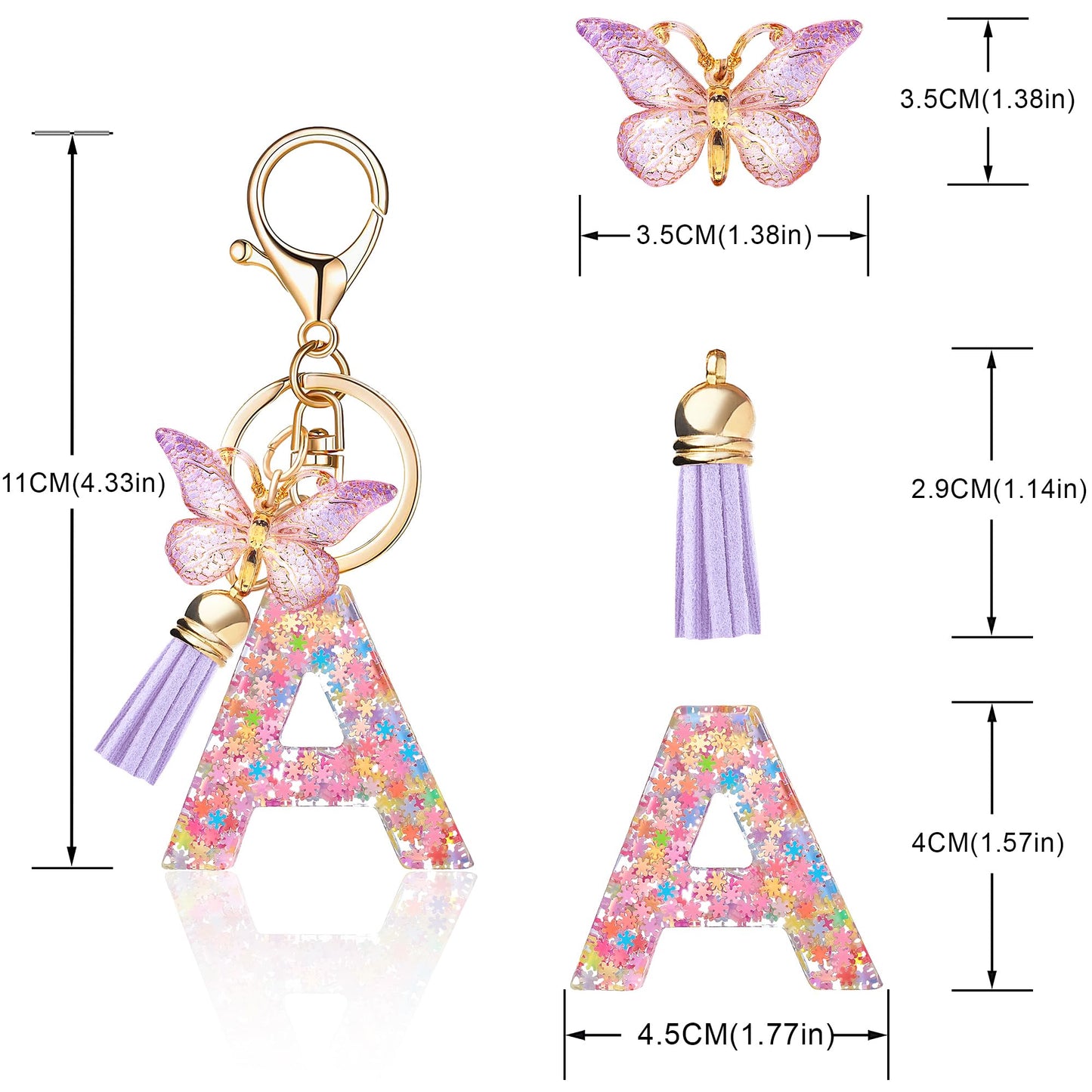 Fashion Alphabet Initial Letter Keychain Tassel Butterfly Pendant Key Ring for Purse Handbags Women Girl