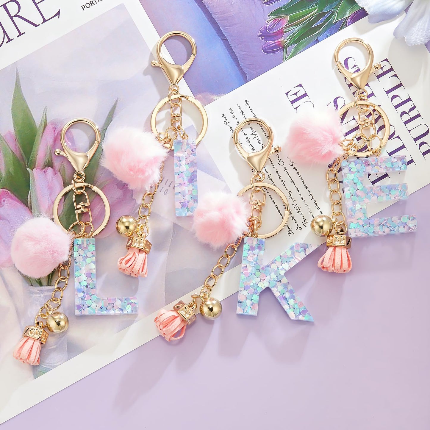 Resin Alphabet Initial Letter Keychain Keyring for Women Purse Handbags With Fur Ball Pom