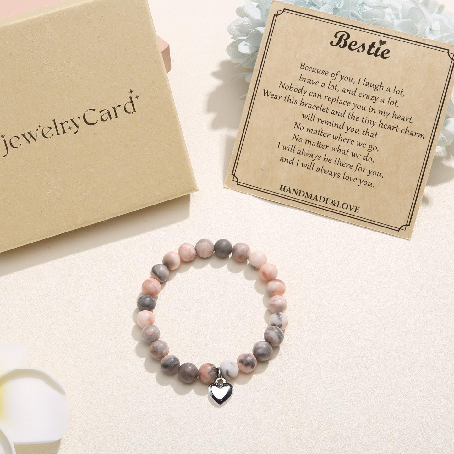 Jewelry&Card Christmas Gifts for Sister Best Friend, Natural Stone Heart Friendship Bracelets for Sister Best Friend Bestie Women