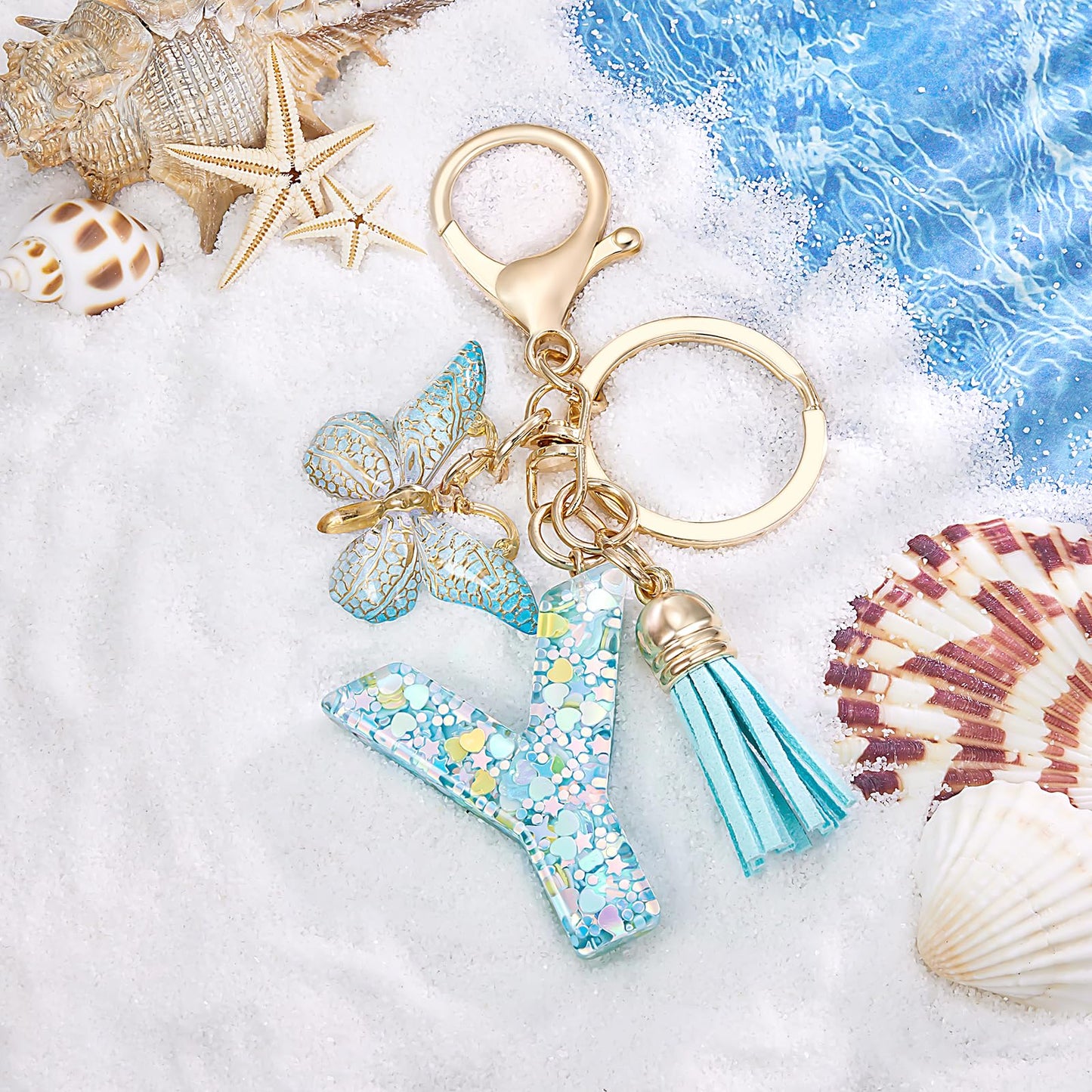 Fashion Alphabet Initial Letter Keychain Tassel Butterfly Pendant Key Ring for Purse Handbags Women Girl