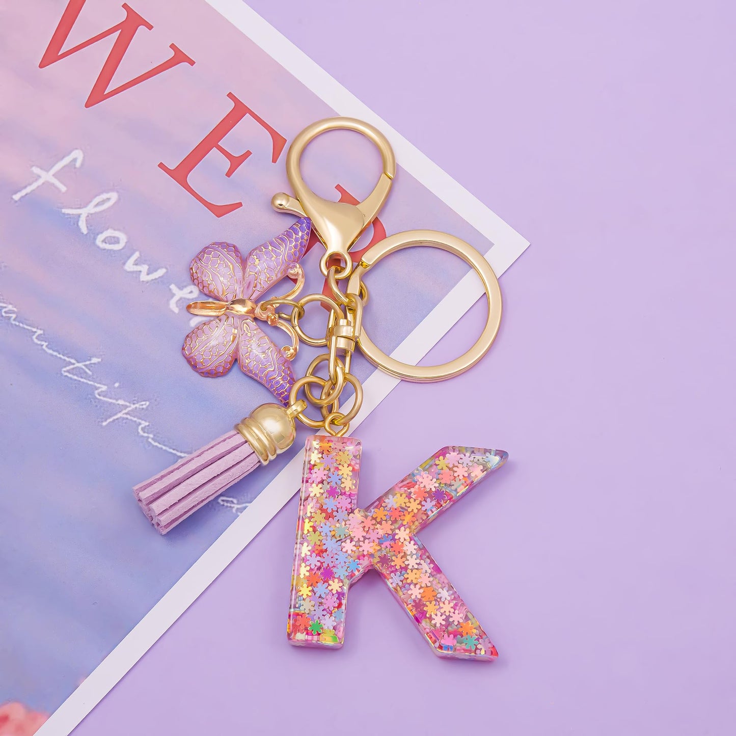 Fashion Alphabet Initial Letter Keychain Tassel Butterfly Pendant Key Ring for Purse Handbags Women Girl