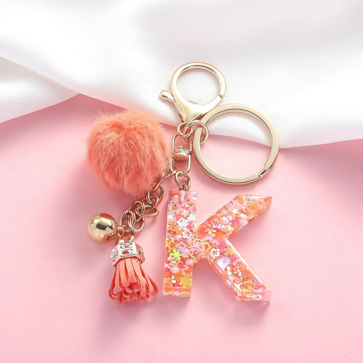 Resin Alphabet Initial Letter Keychain Keyring for Women Purse Handbags With Fur Ball Pom