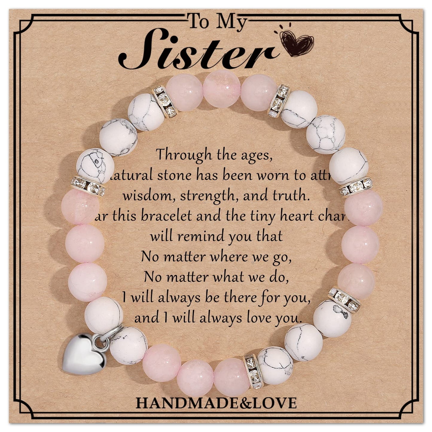 Jewelry&Card Christmas Gifts for Sister Best Friend, Natural Stone Heart Friendship Bracelets for Sister Best Friend Bestie Women