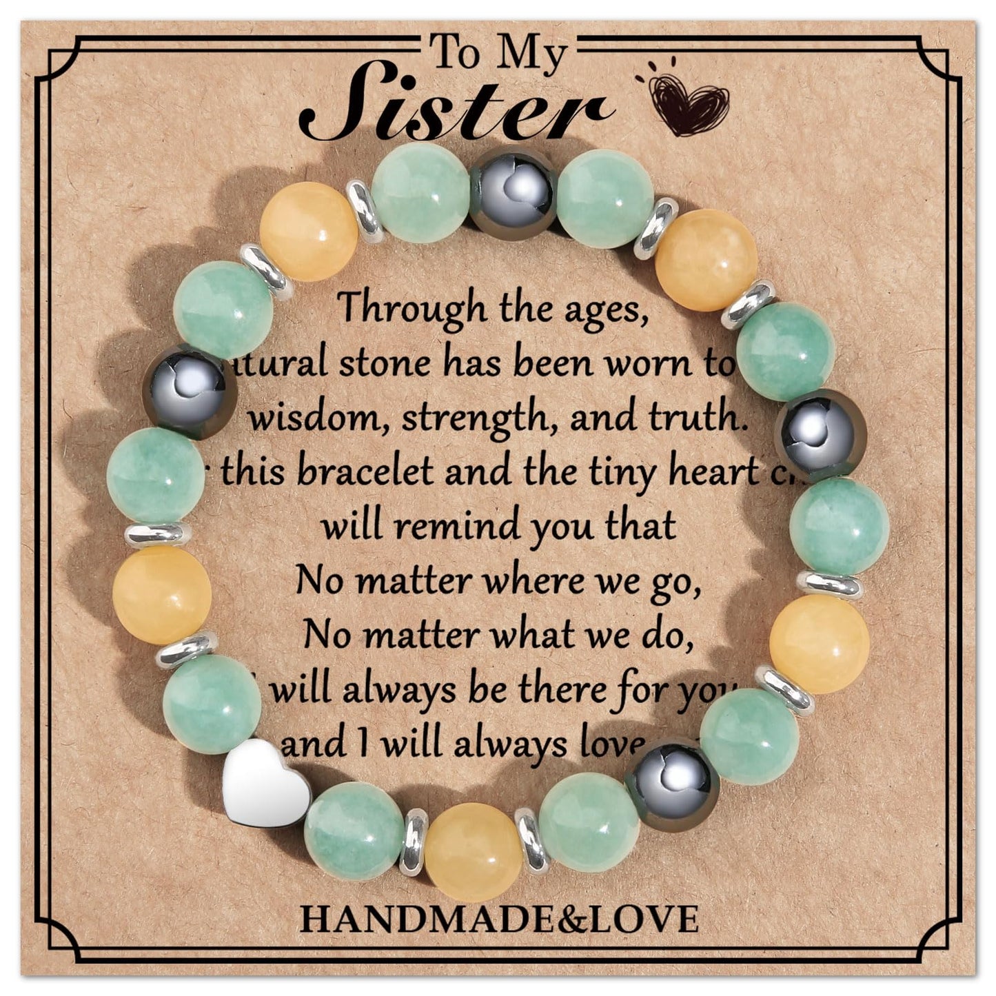 Jewelry&Card Christmas Gifts for Sister Best Friend, Natural Stone Heart Friendship Bracelets for Sister Best Friend Bestie Women