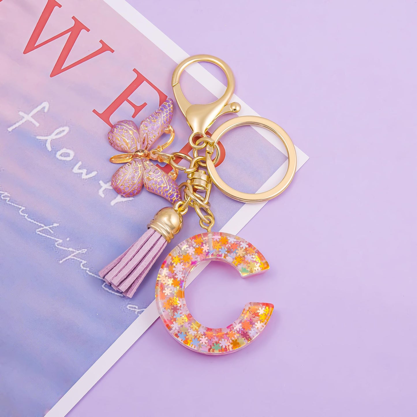 Fashion Alphabet Initial Letter Keychain Tassel Butterfly Pendant Key Ring for Purse Handbags Women Girl