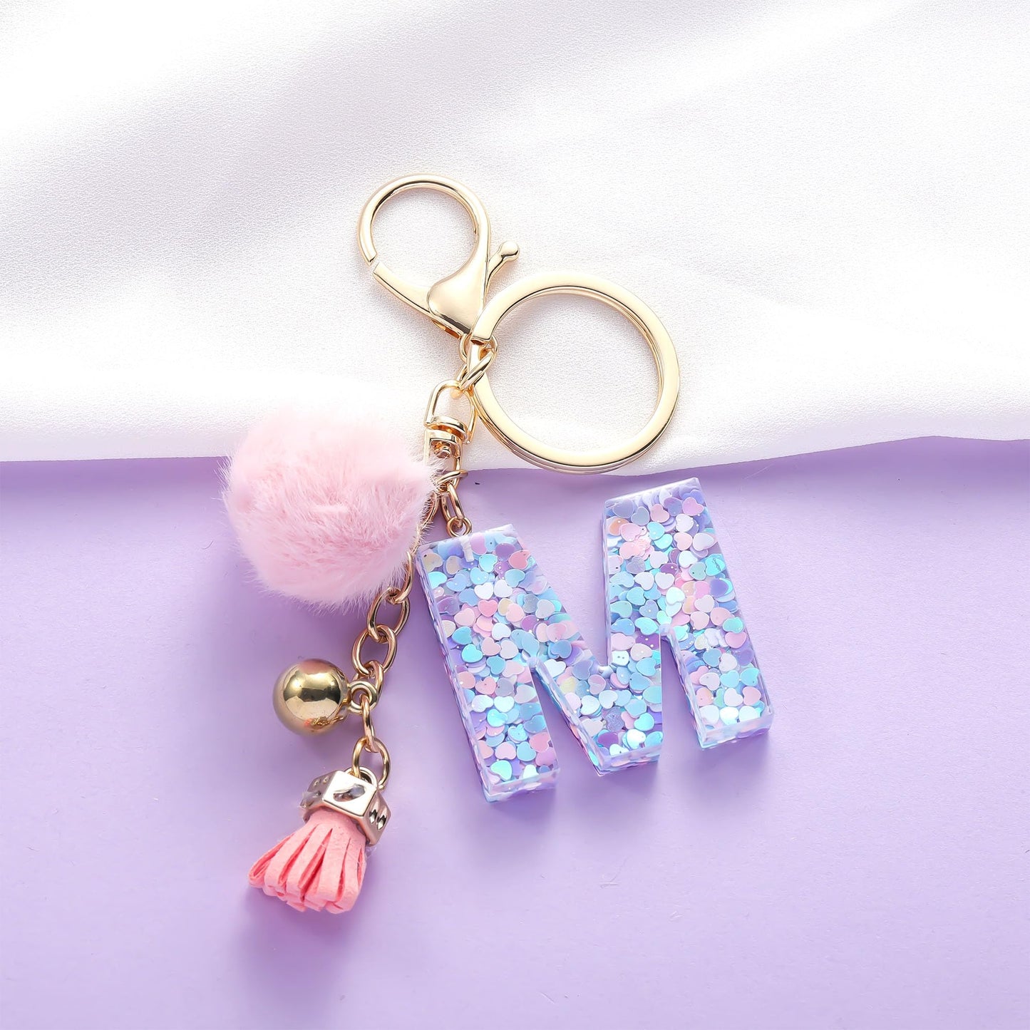Resin Alphabet Initial Letter Keychain Keyring for Women Purse Handbags With Fur Ball Pom