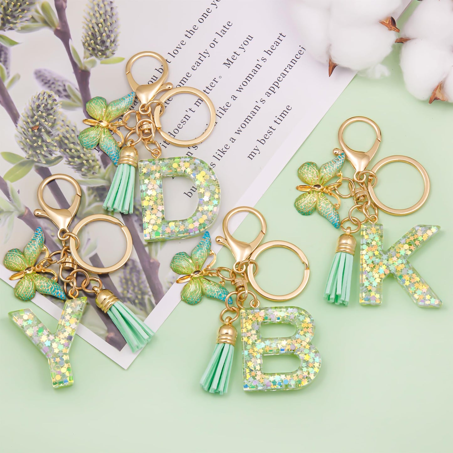 Fashion Alphabet Initial Letter Keychain Tassel Butterfly Pendant Key Ring for Purse Handbags Women Girl