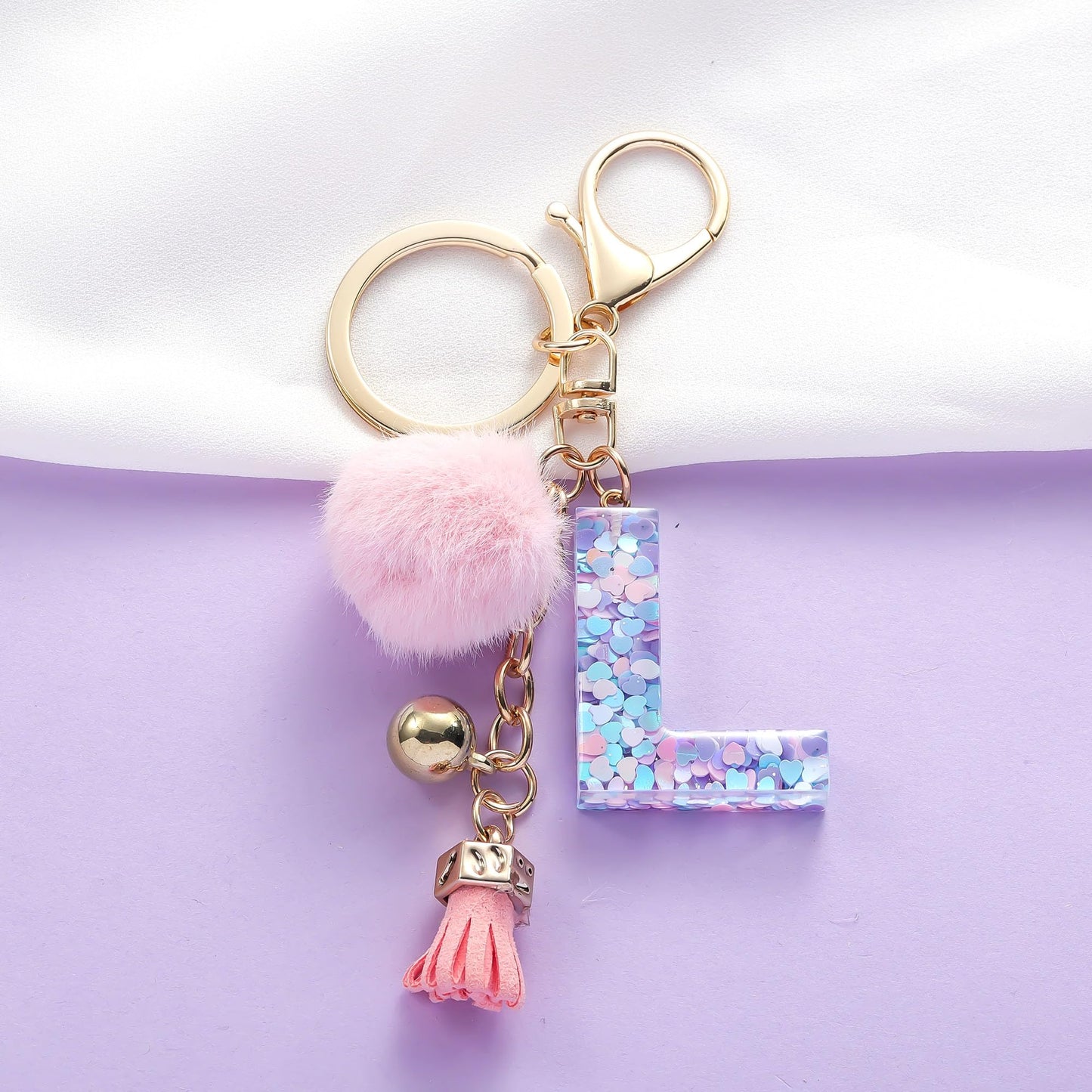 Resin Alphabet Initial Letter Keychain Keyring for Women Purse Handbags With Fur Ball Pom