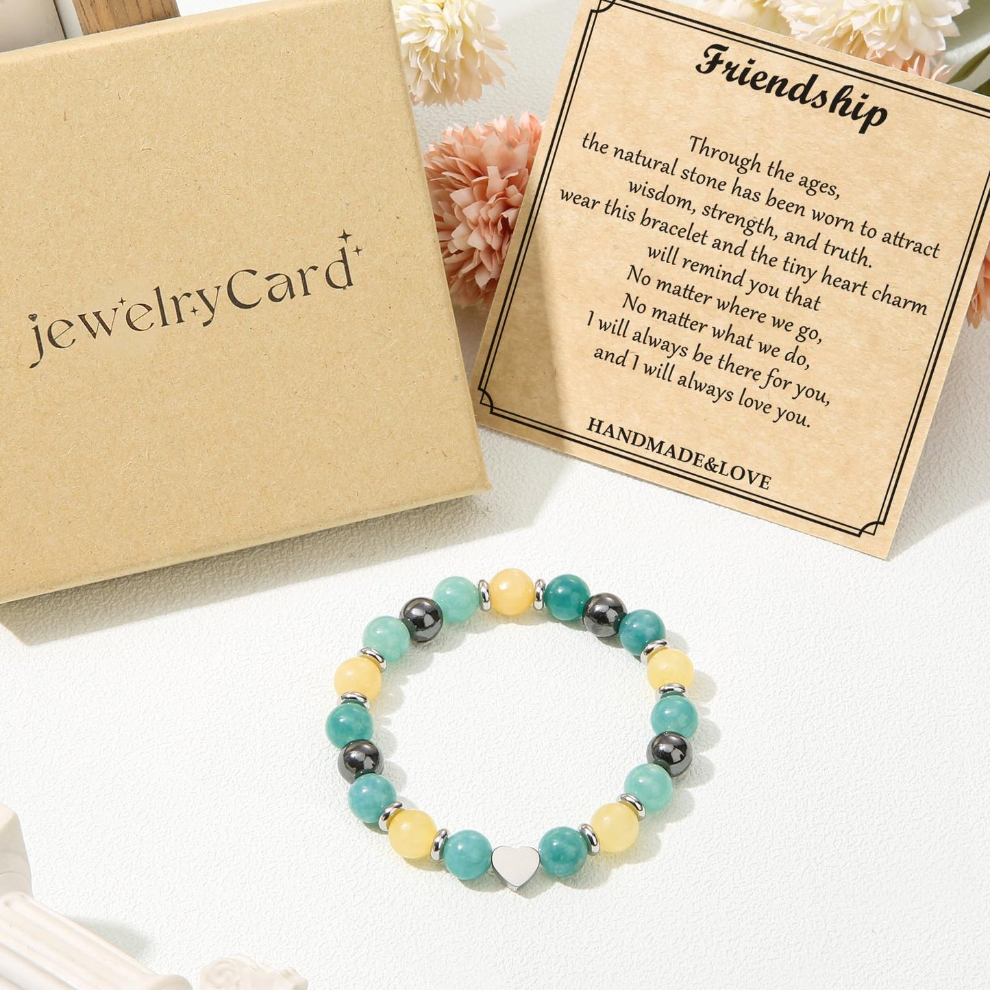Jewelry&Card Christmas Gifts for Sister Best Friend, Natural Stone Heart Friendship Bracelets for Sister Best Friend Bestie Women