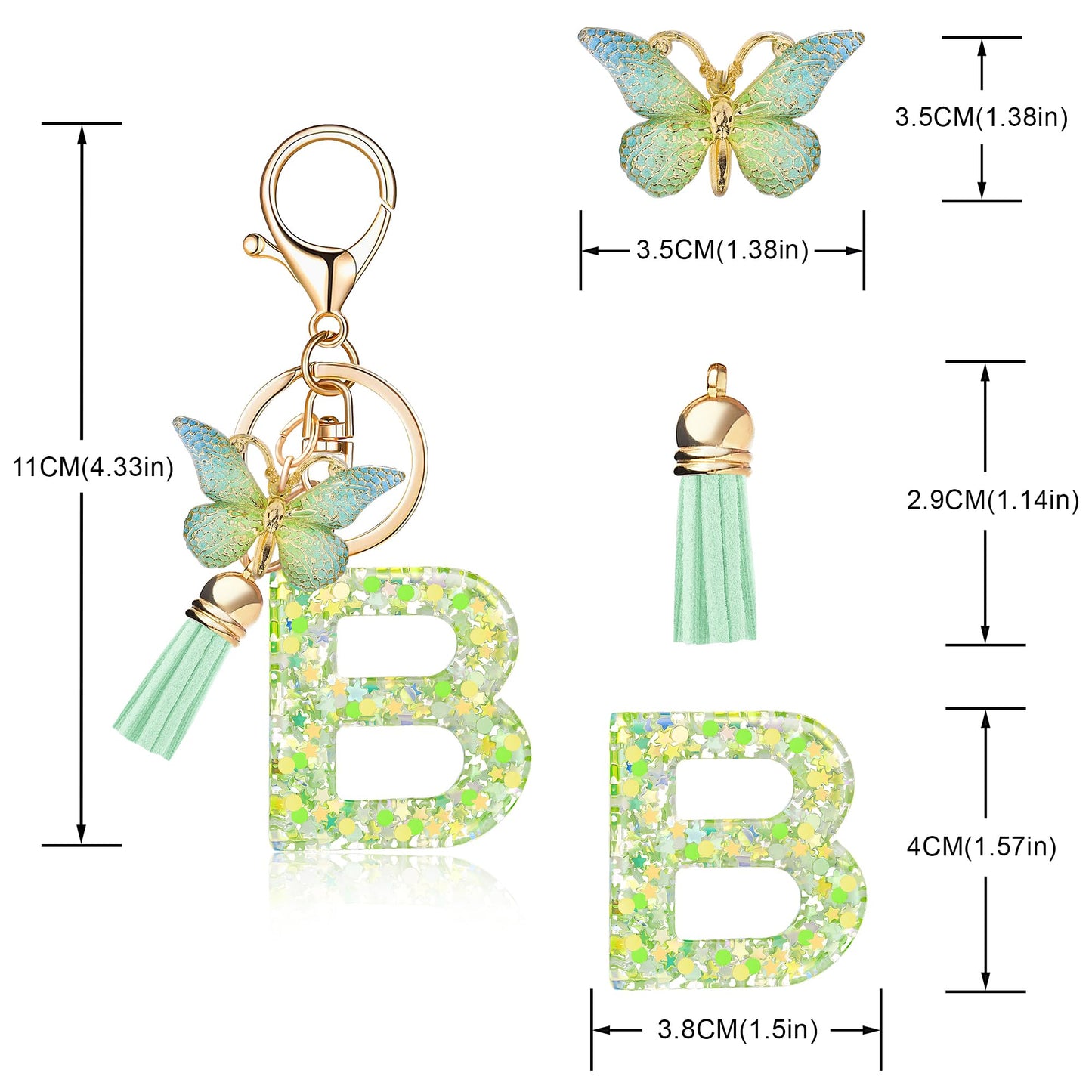Fashion Alphabet Initial Letter Keychain Tassel Butterfly Pendant Key Ring for Purse Handbags Women Girl