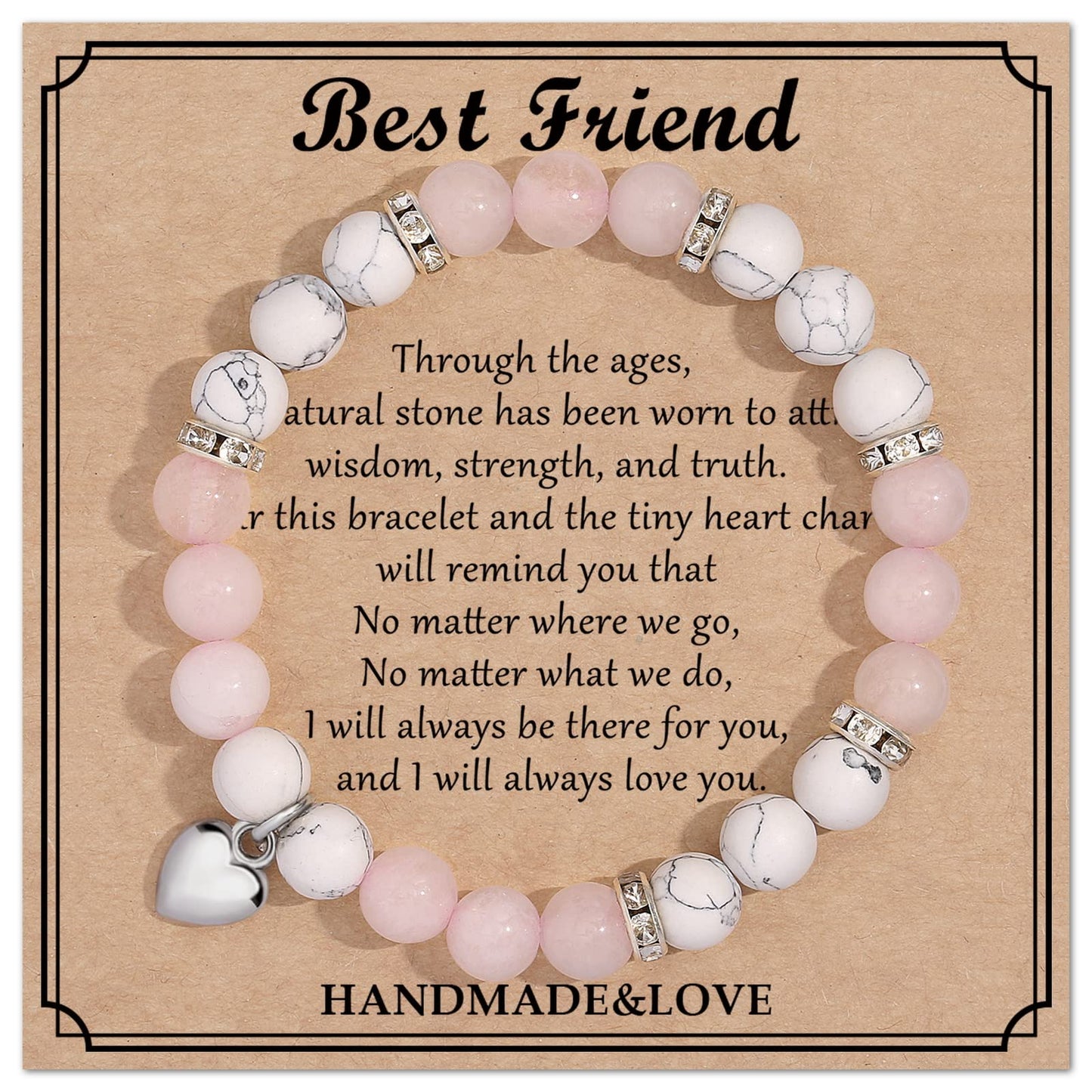 Jewelry&Card Christmas Gifts for Sister Best Friend, Natural Stone Heart Friendship Bracelets for Sister Best Friend Bestie Women