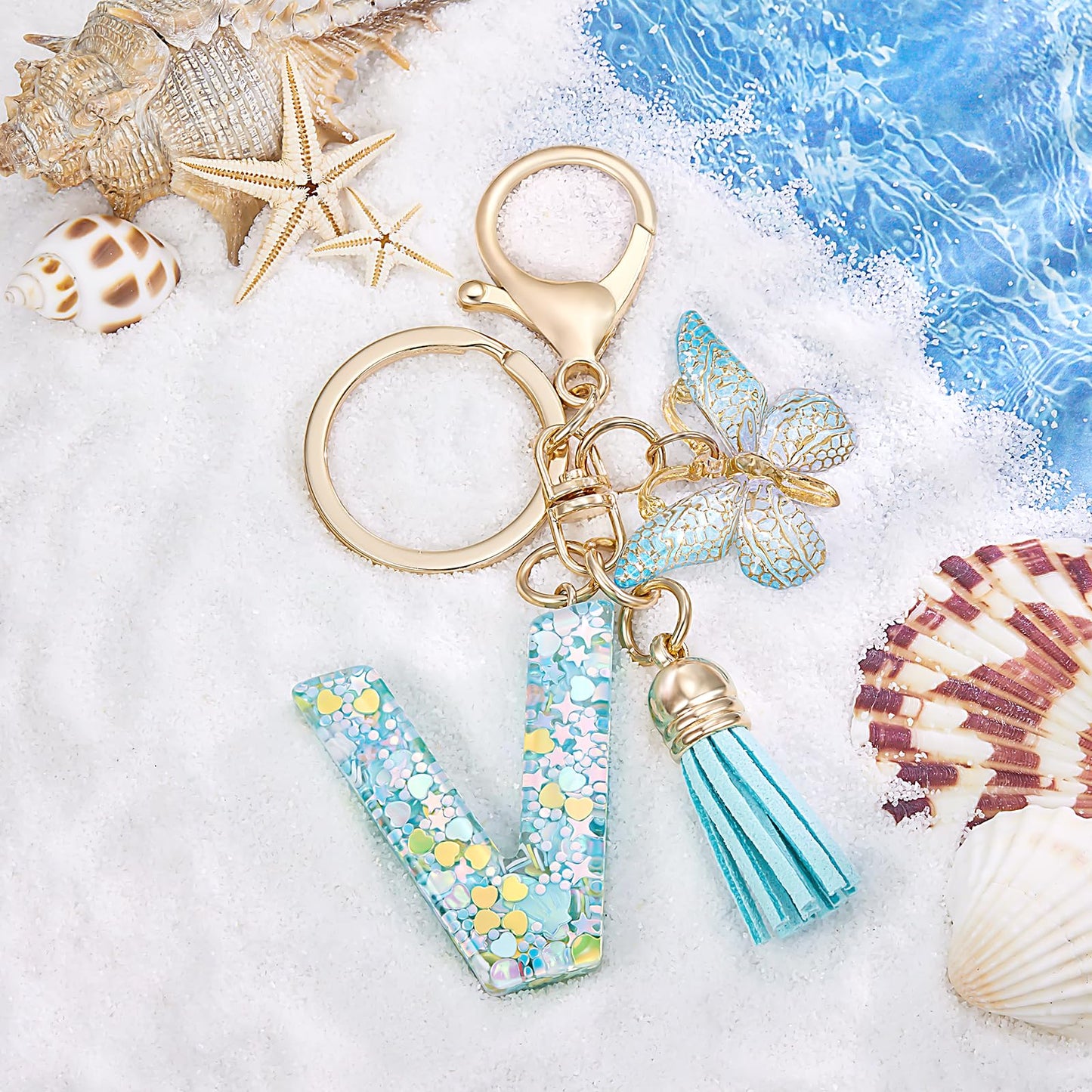 Fashion Alphabet Initial Letter Keychain Tassel Butterfly Pendant Key Ring for Purse Handbags Women Girl