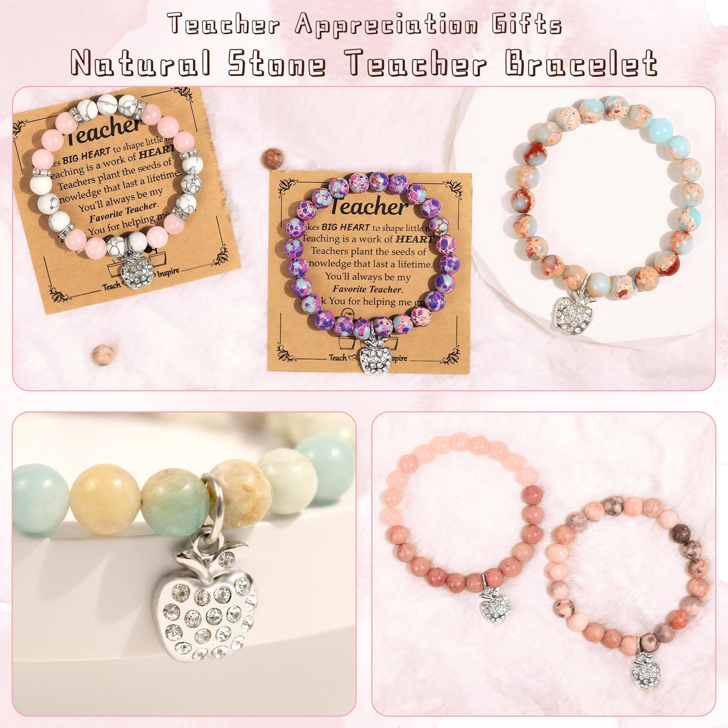 6Pcs Teacher Gifts for Women, Teacher Appreciation Gifts for Women in Bulk, Natural Stone Thank You Teacher Christmas Gifts Bracelet with Message Card, Valentines Day End of Year Gifts for Teachers