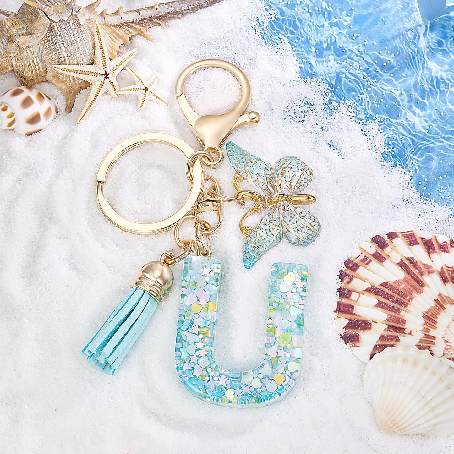 Fashion Alphabet Initial Letter Keychain Tassel Butterfly Pendant Key Ring for Purse Handbags Women Girl