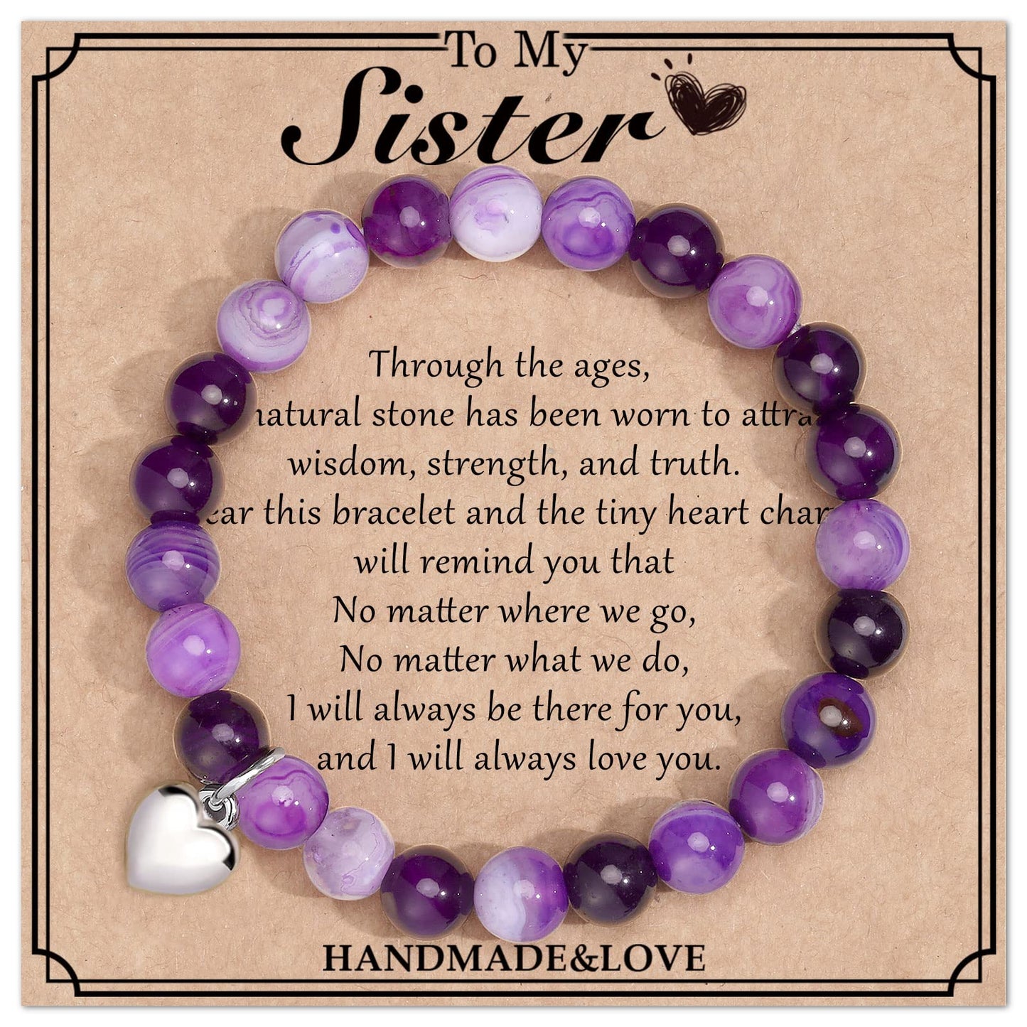 Jewelry&Card Christmas Gifts for Sister Best Friend, Natural Stone Heart Friendship Bracelets for Sister Best Friend Bestie Women