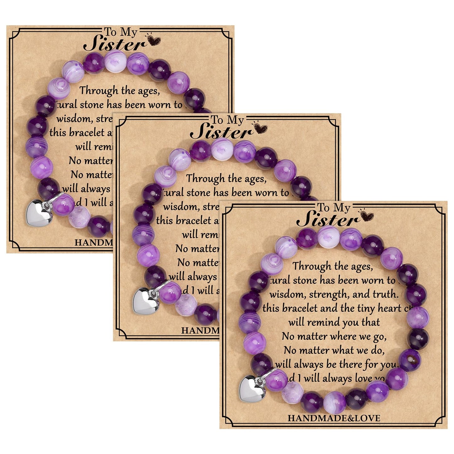 Jewelry&Card Christmas Gifts for Sister Best Friend, Natural Stone Heart Friendship Bracelets for Sister Best Friend Bestie Women