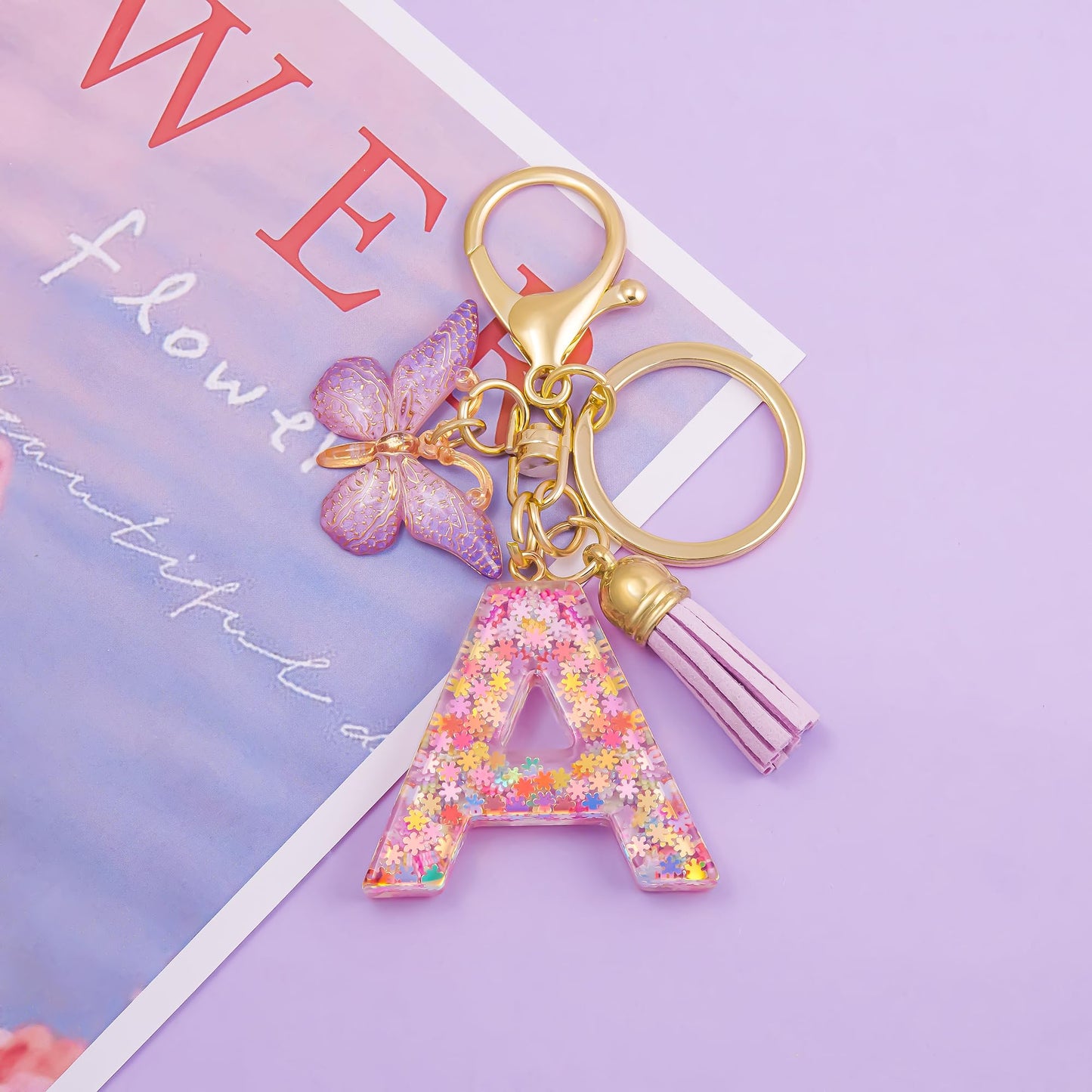 Fashion Alphabet Initial Letter Keychain Tassel Butterfly Pendant Key Ring for Purse Handbags Women Girl
