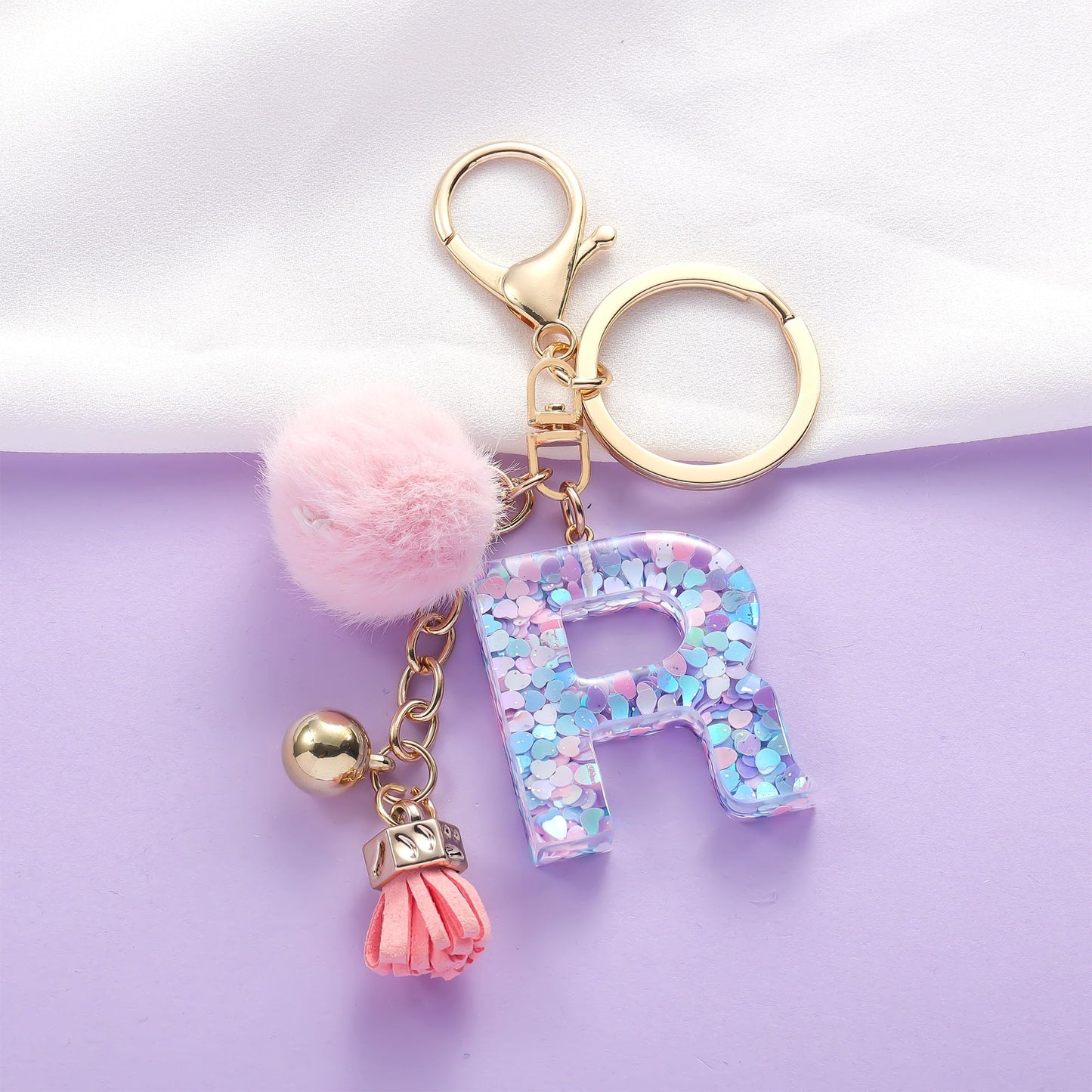 Resin Alphabet Initial Letter Keychain Keyring for Women Purse Handbags With Fur Ball Pom