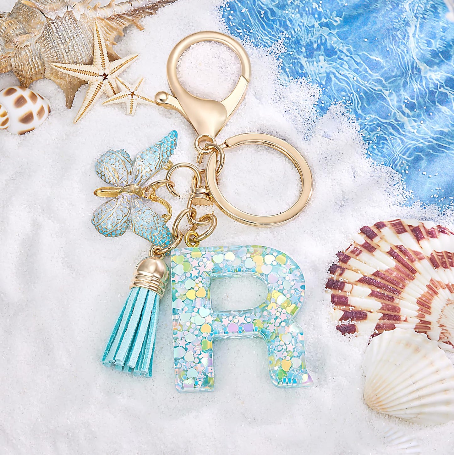 Fashion Alphabet Initial Letter Keychain Tassel Butterfly Pendant Key Ring for Purse Handbags Women Girl
