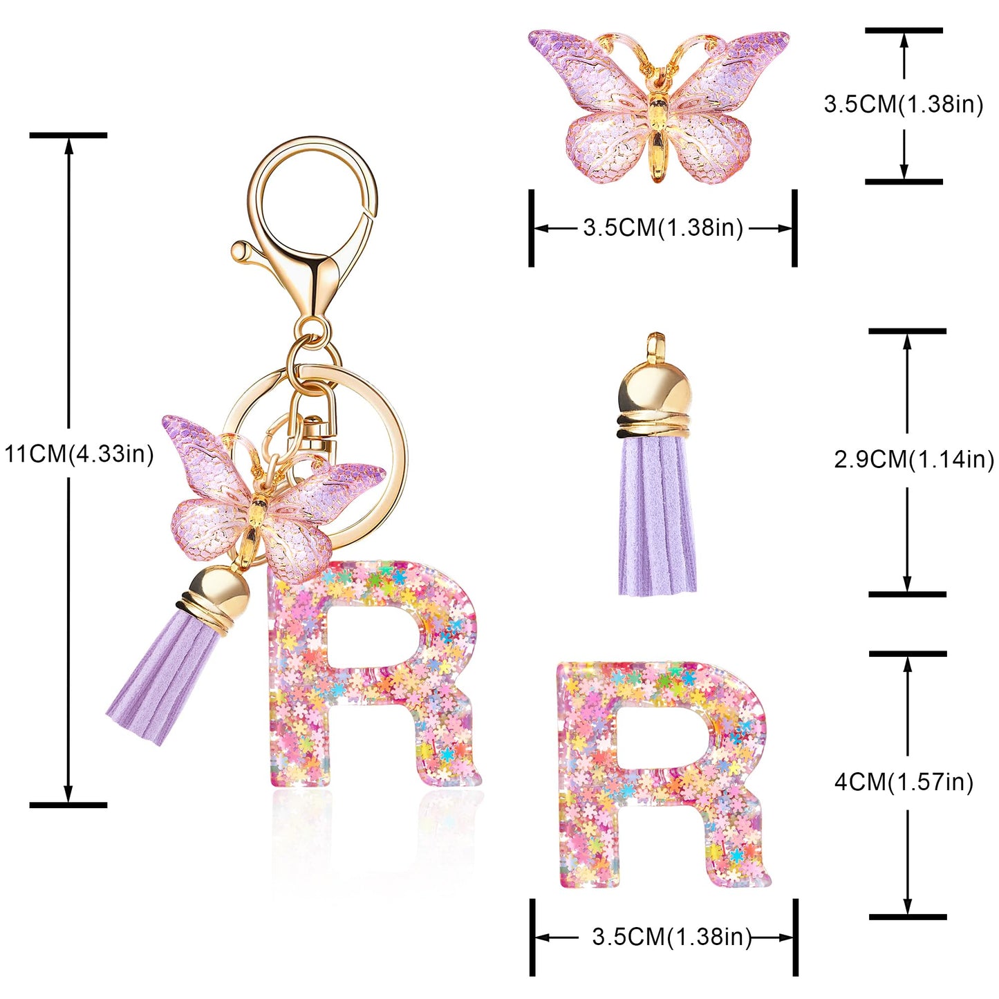 Fashion Alphabet Initial Letter Keychain Tassel Butterfly Pendant Key Ring for Purse Handbags Women Girl