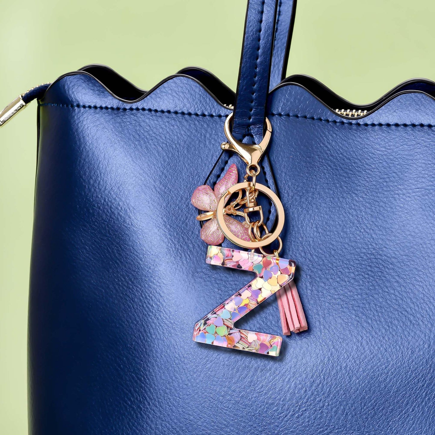 Fashion Alphabet Initial Letter Keychain Tassel Butterfly Pendant Key Ring for Purse Handbags Women Girl