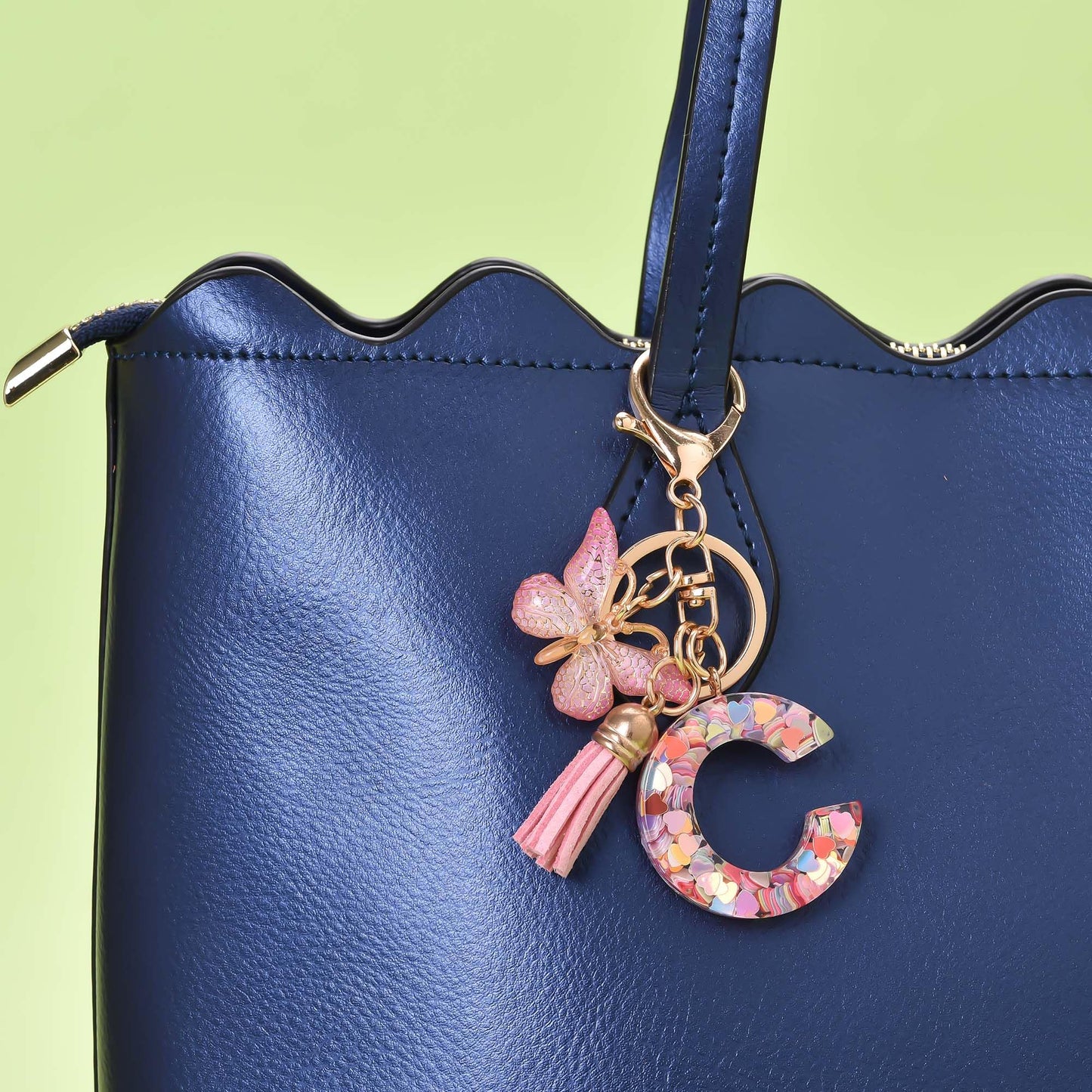 Fashion Alphabet Initial Letter Keychain Tassel Butterfly Pendant Key Ring for Purse Handbags Women Girl