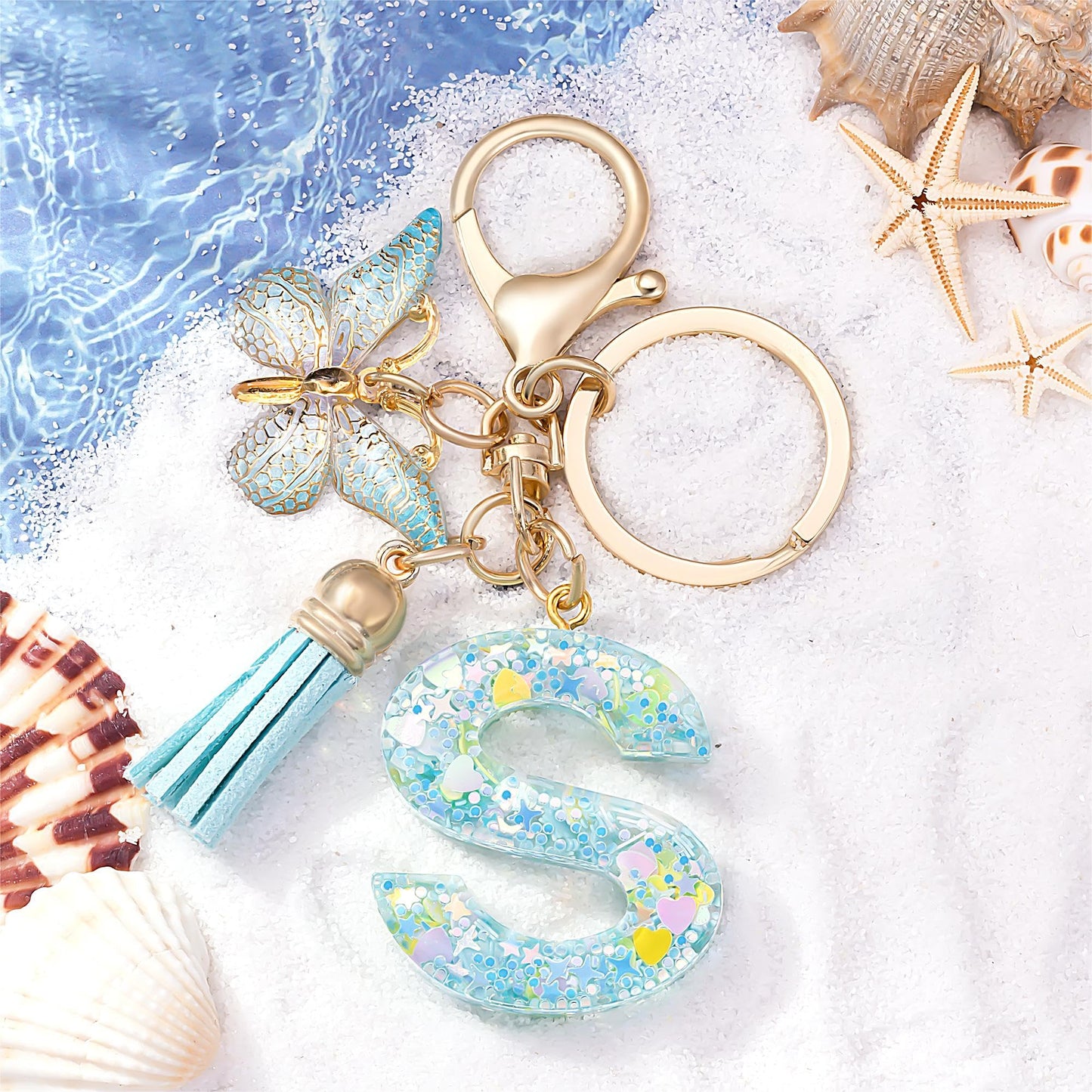 Fashion Alphabet Initial Letter Keychain Tassel Butterfly Pendant Key Ring for Purse Handbags Women Girl