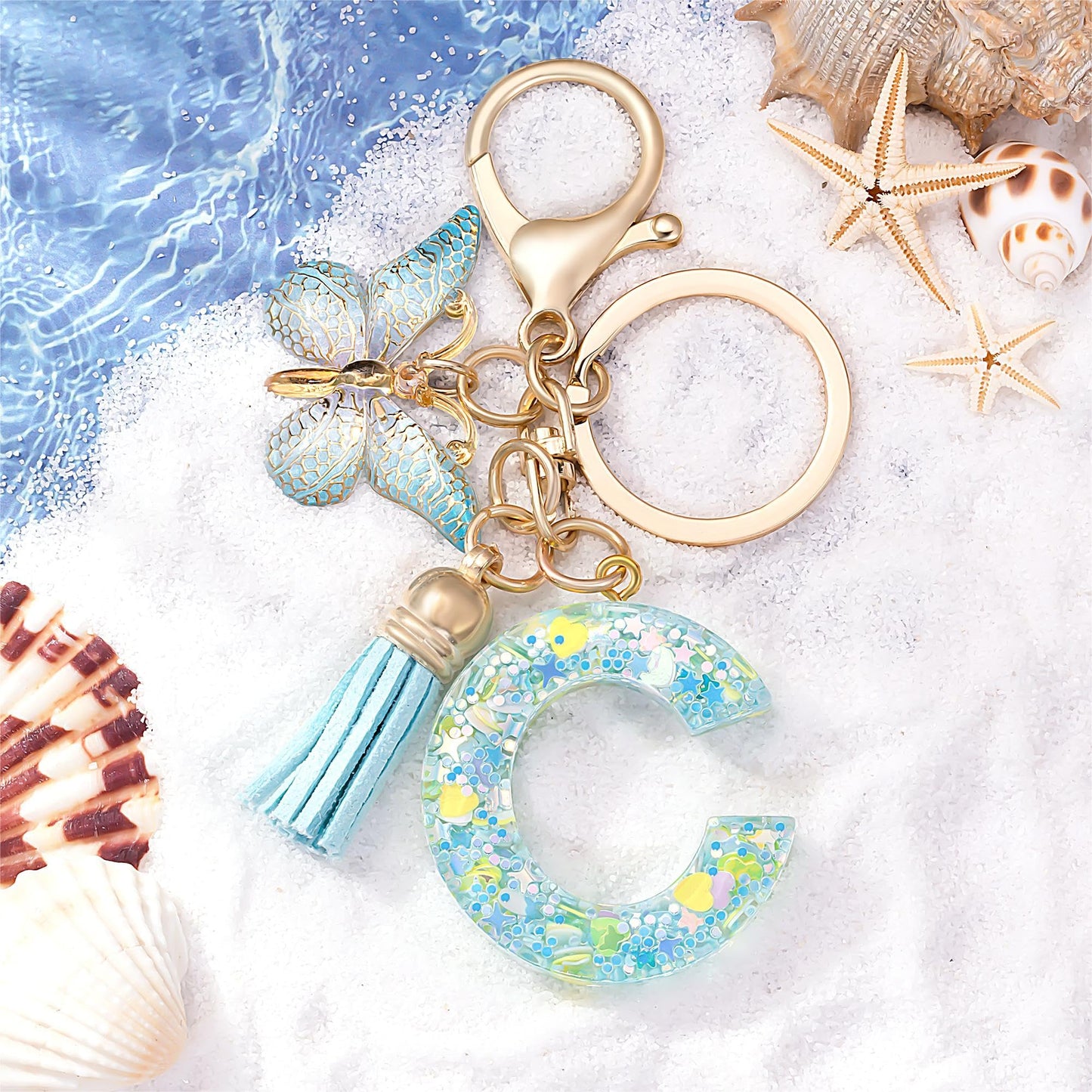 Fashion Alphabet Initial Letter Keychain Tassel Butterfly Pendant Key Ring for Purse Handbags Women Girl