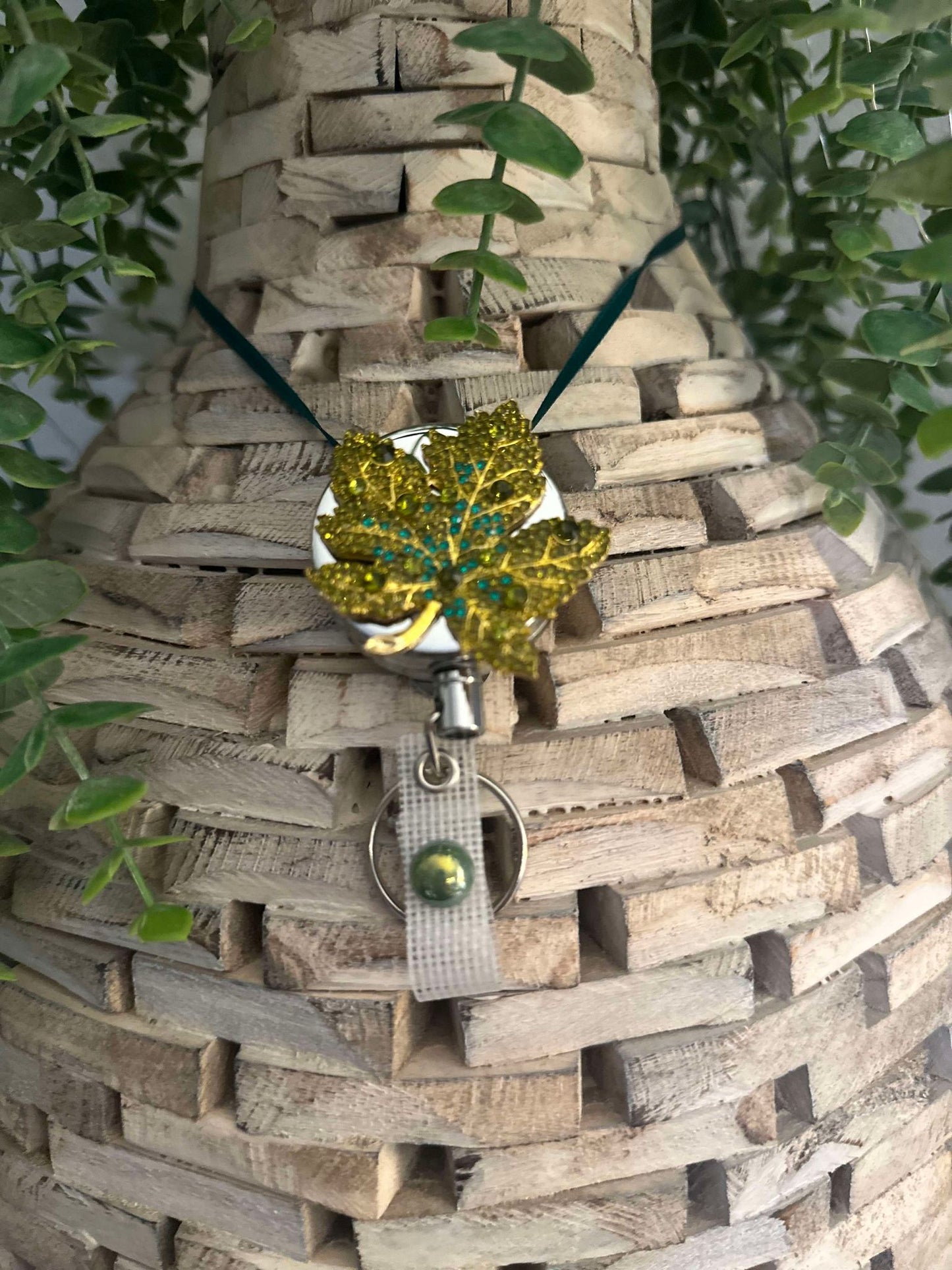 Green Rhinestone Fall Leaf heavy duty badge reel and keychain