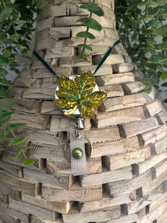 Green Rhinestone Fall Leaf heavy duty badge reel and keychain