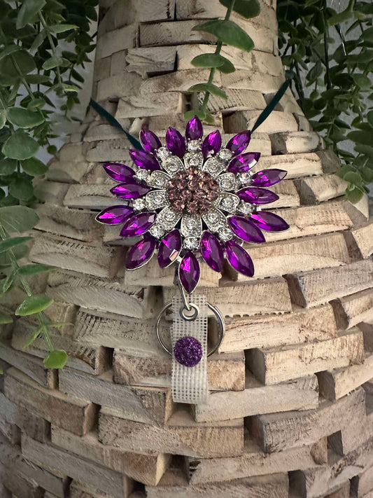 Rhinestone purple badge reel/key chain on heavy duty reel