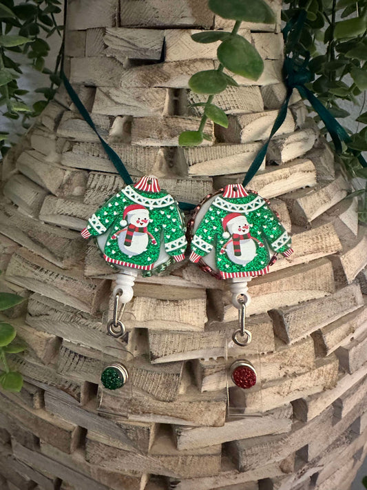 Holiday Ugly Sweater Snowman retractable badge reel with red bling on side