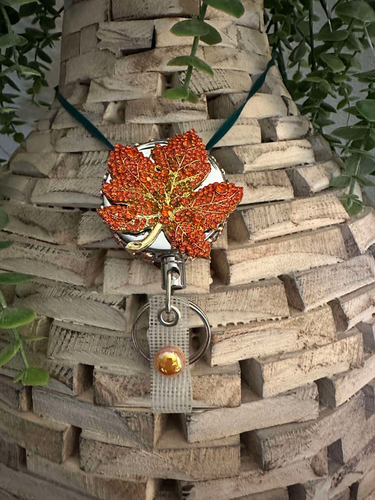 Orange Rhinestone Fall Leaf heavy duty badge reel and keychain