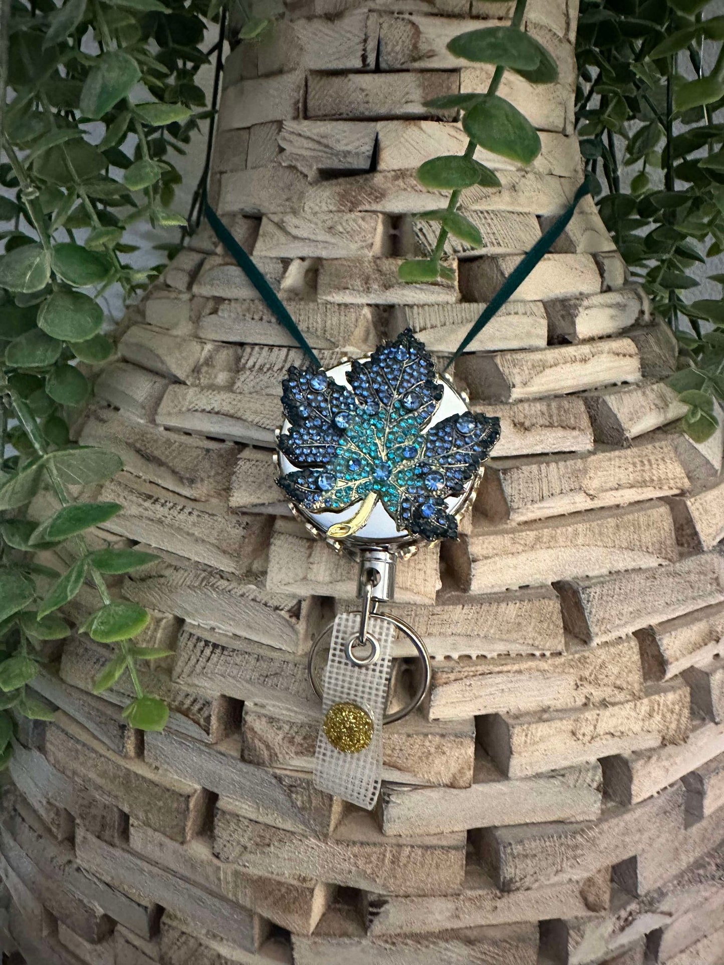 Blue Rhinestone Fall Leaf heavy duty badge reel and keychain