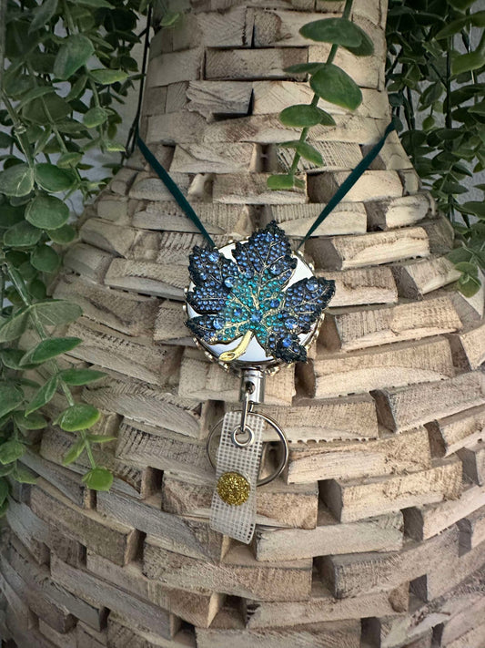 Blue Rhinestone Fall Leaf heavy duty badge reel and keychain
