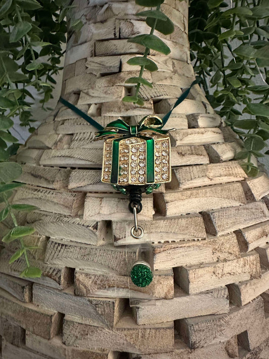 Holiday Green and Gold Rhinestone Present Badge Reel