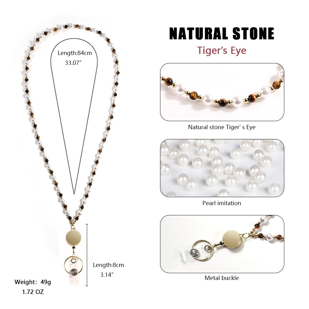 Retractable Pearl ID Badges and Key Lanyards, Natural Crystal Handmade Beaded Teacher Women's Lanyards