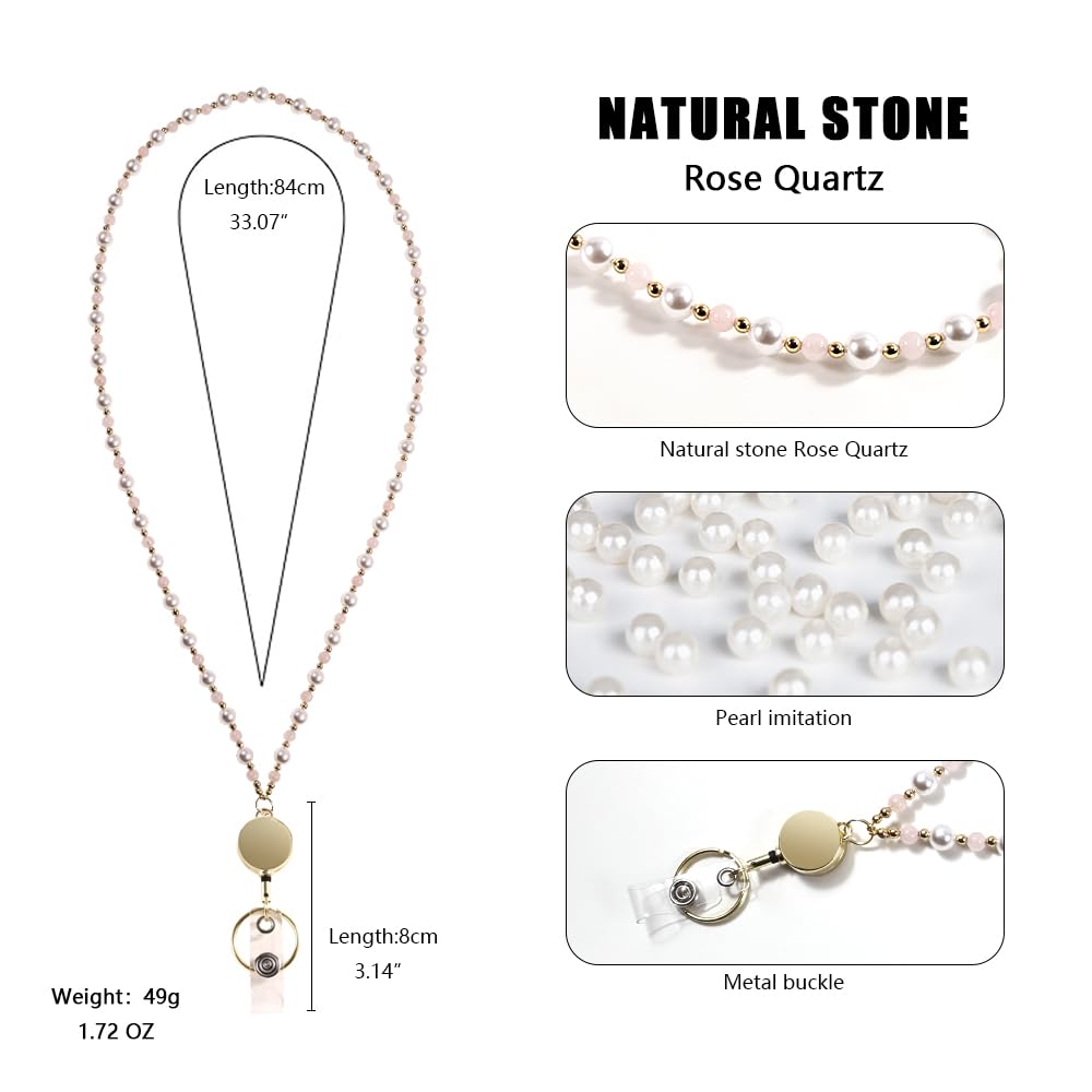 Retractable Pearl ID Badges and Key Lanyards, Natural Crystal Handmade Beaded Teacher Women's Lanyards