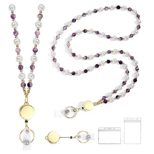 Retractable Pearl ID Badges and Key Lanyards, Natural Crystal Handmade Beaded Teacher Women's Lanyards