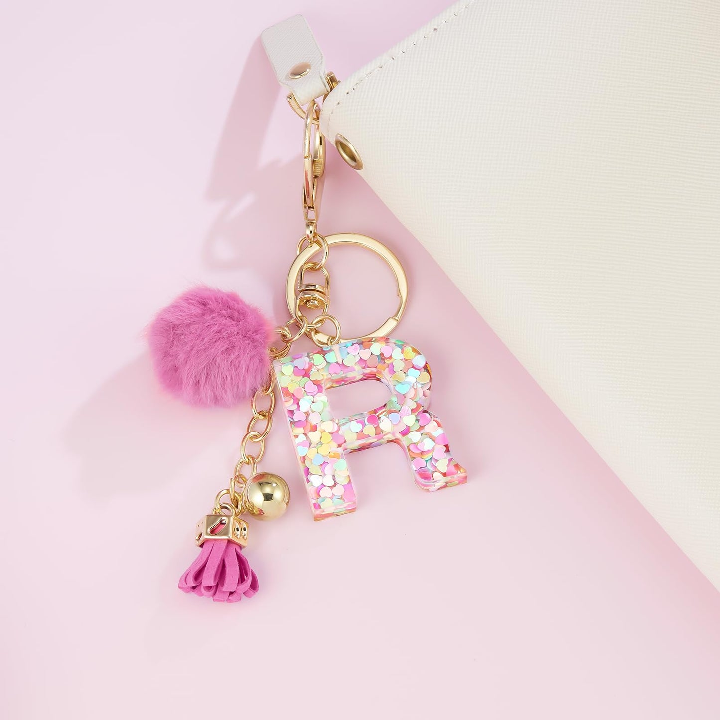Resin Alphabet Initial Letter Keychain Keyring for Women Purse Handbags With Fur Ball Pom
