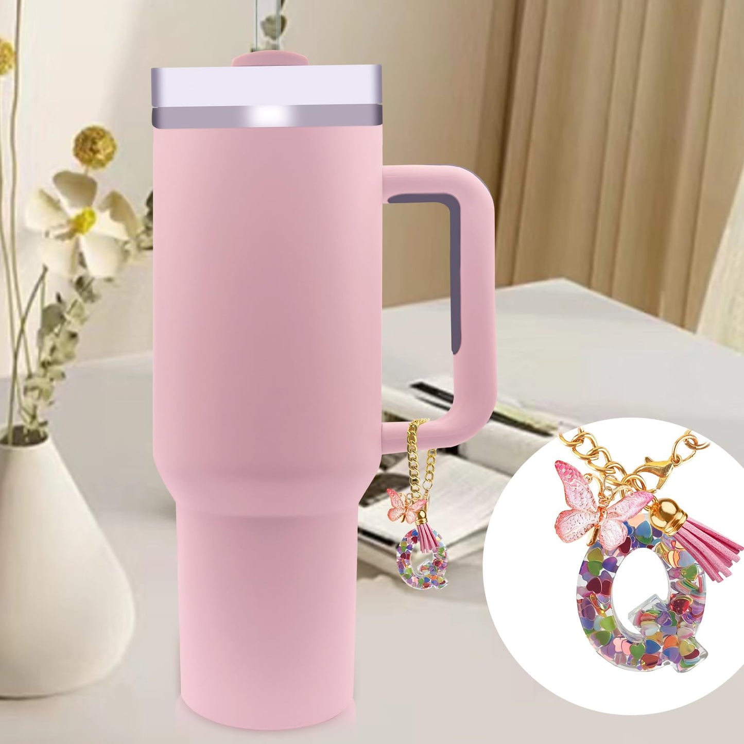 Letter Charm Accessories for Stanley Cup with Handle, Cute Initial Letter A Keychain Handle Charm with Butterfly for Stanley Tumbler for Women Girls