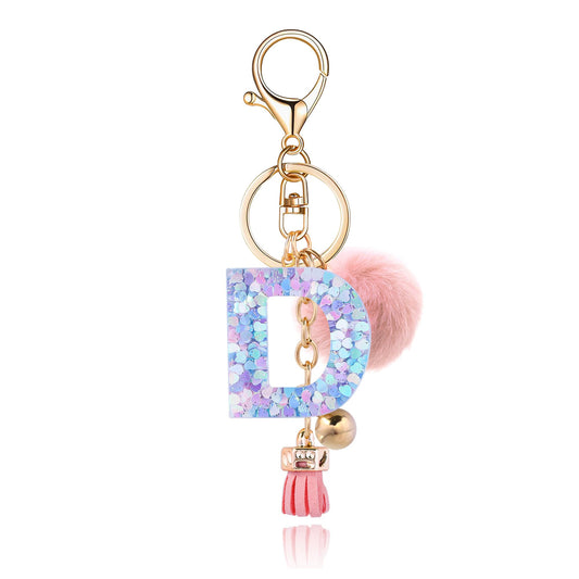 Resin Alphabet Initial Letter Keychain Keyring for Women Purse Handbags With Fur Ball Pom