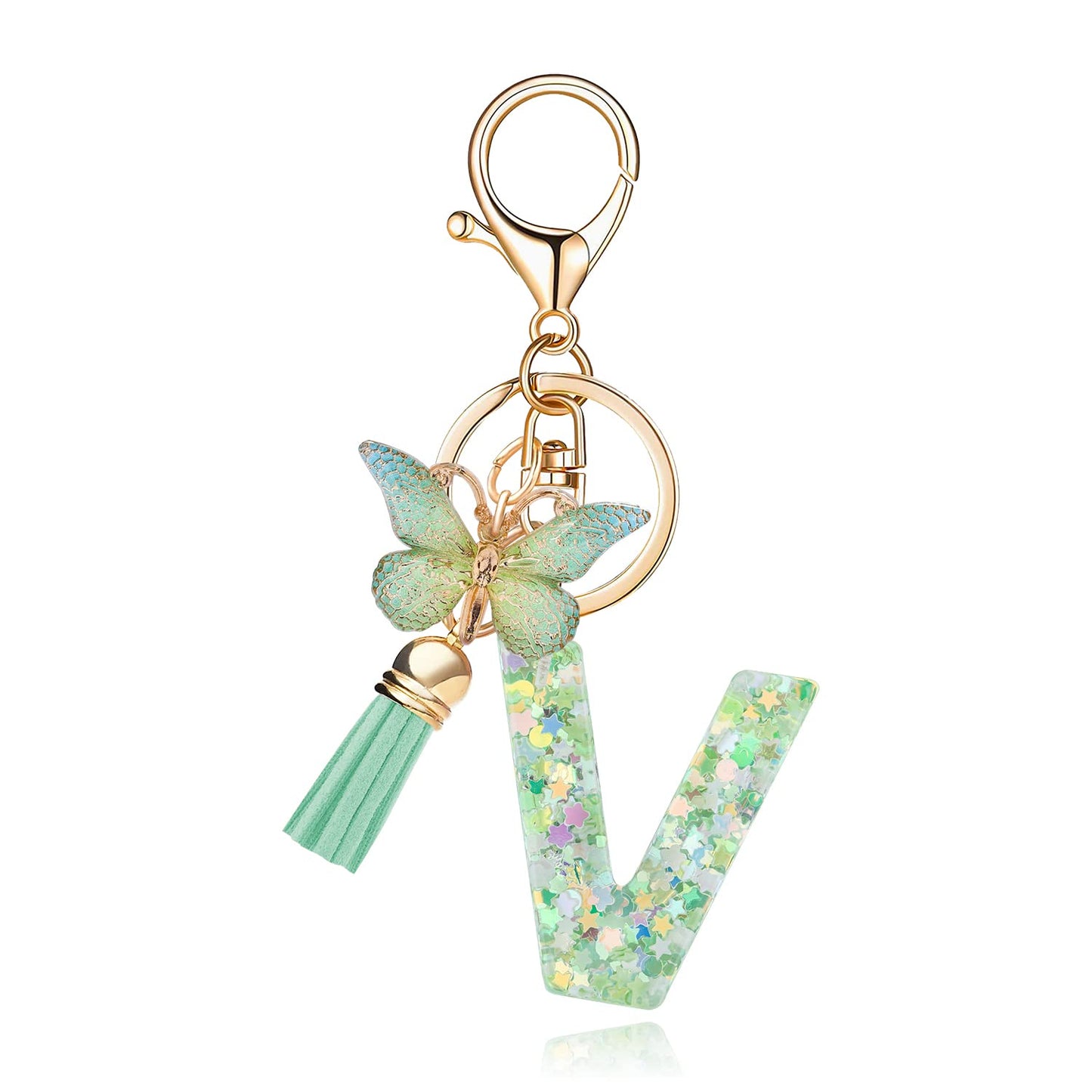 Fashion Alphabet Initial Letter Keychain Tassel Butterfly Pendant Key Ring for Purse Handbags Women Girl