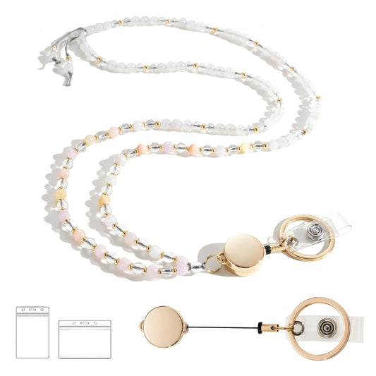 Retractable Lanyards for ID Badges and Keys, Beaded Lanyards for Women Natural Stone, Teacher Lanyard High-Performance Cute Lanyard Morganite