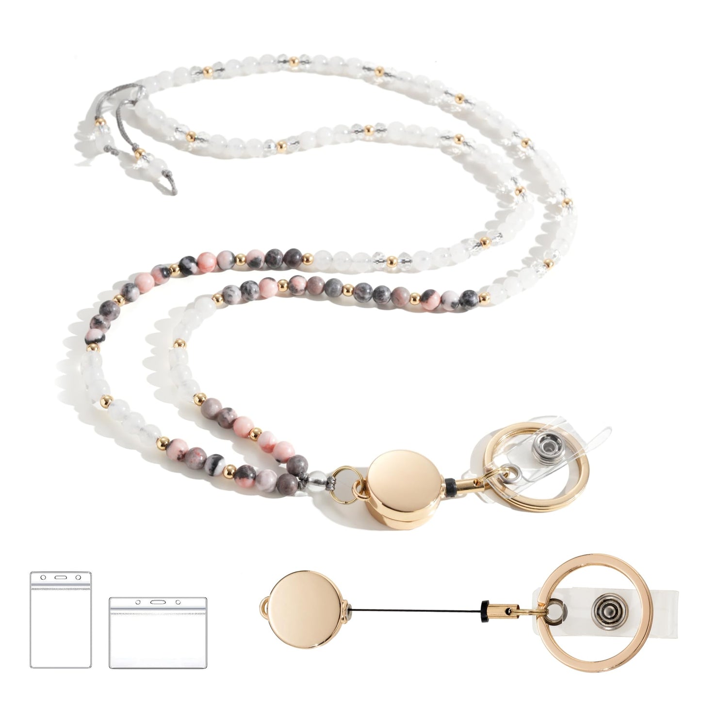 Retractable Lanyards for ID Badges and Keys, Beaded Lanyards for Women Natural Stone, Teacher Lanyard High-Performance Cute Lanyard Morganite
