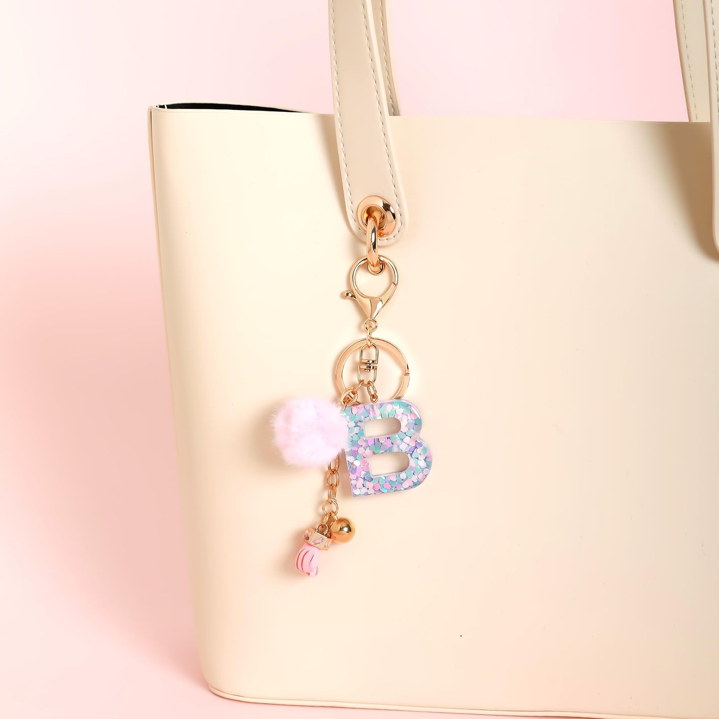 Resin Alphabet Initial Letter Keychain Keyring for Women Purse Handbags With Fur Ball Pom