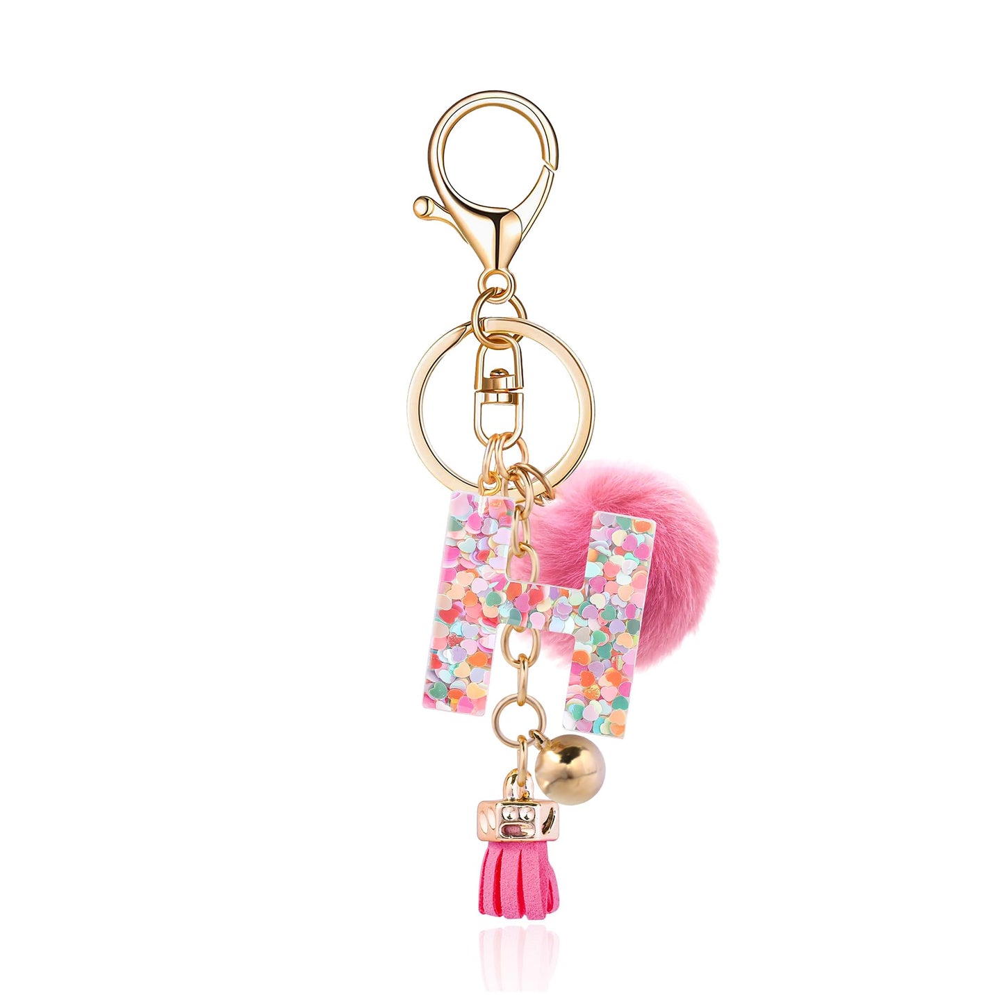 Resin Alphabet Initial Letter Keychain Keyring for Women Purse Handbags With Fur Ball Pom