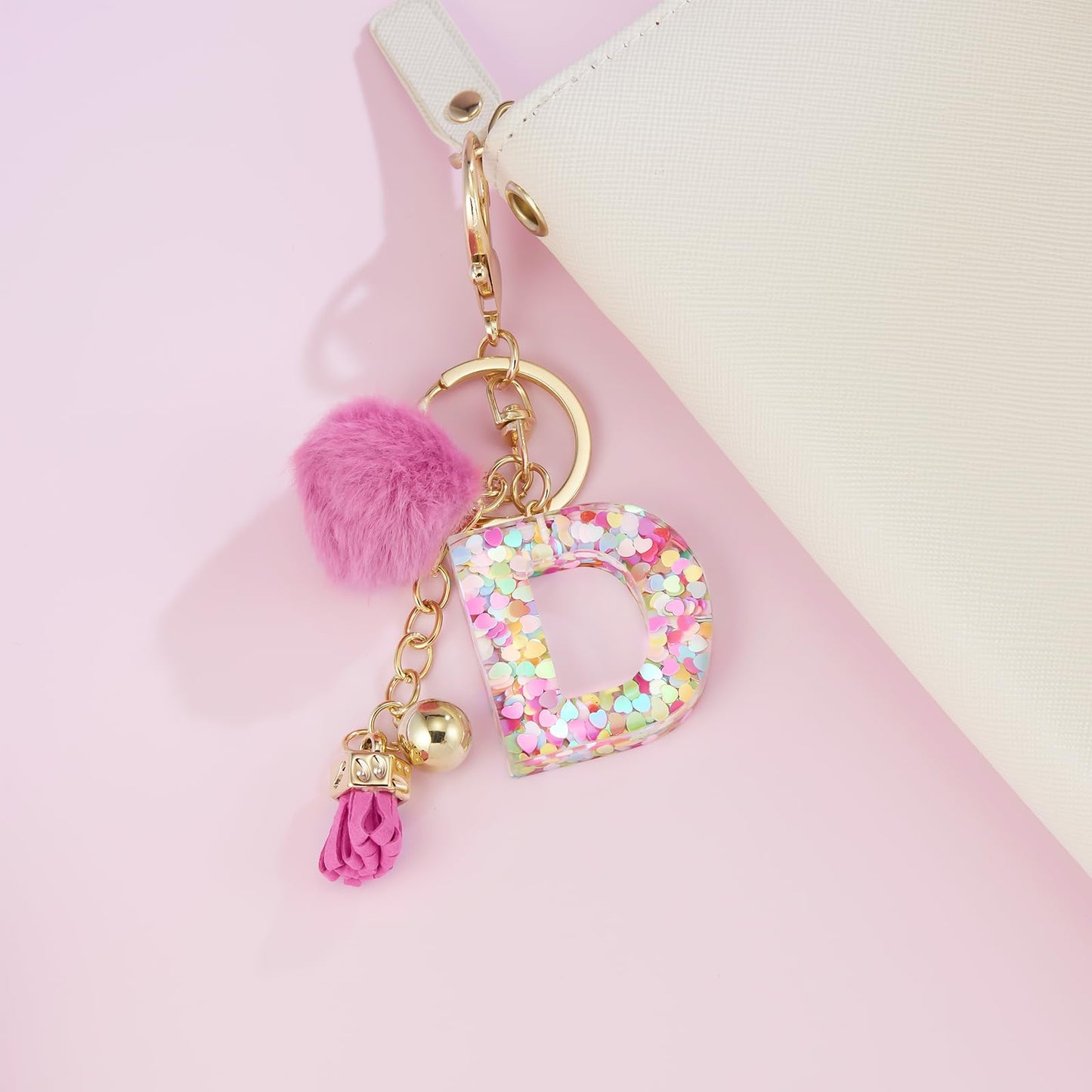 Resin Alphabet Initial Letter Keychain Keyring for Women Purse Handbags With Fur Ball Pom