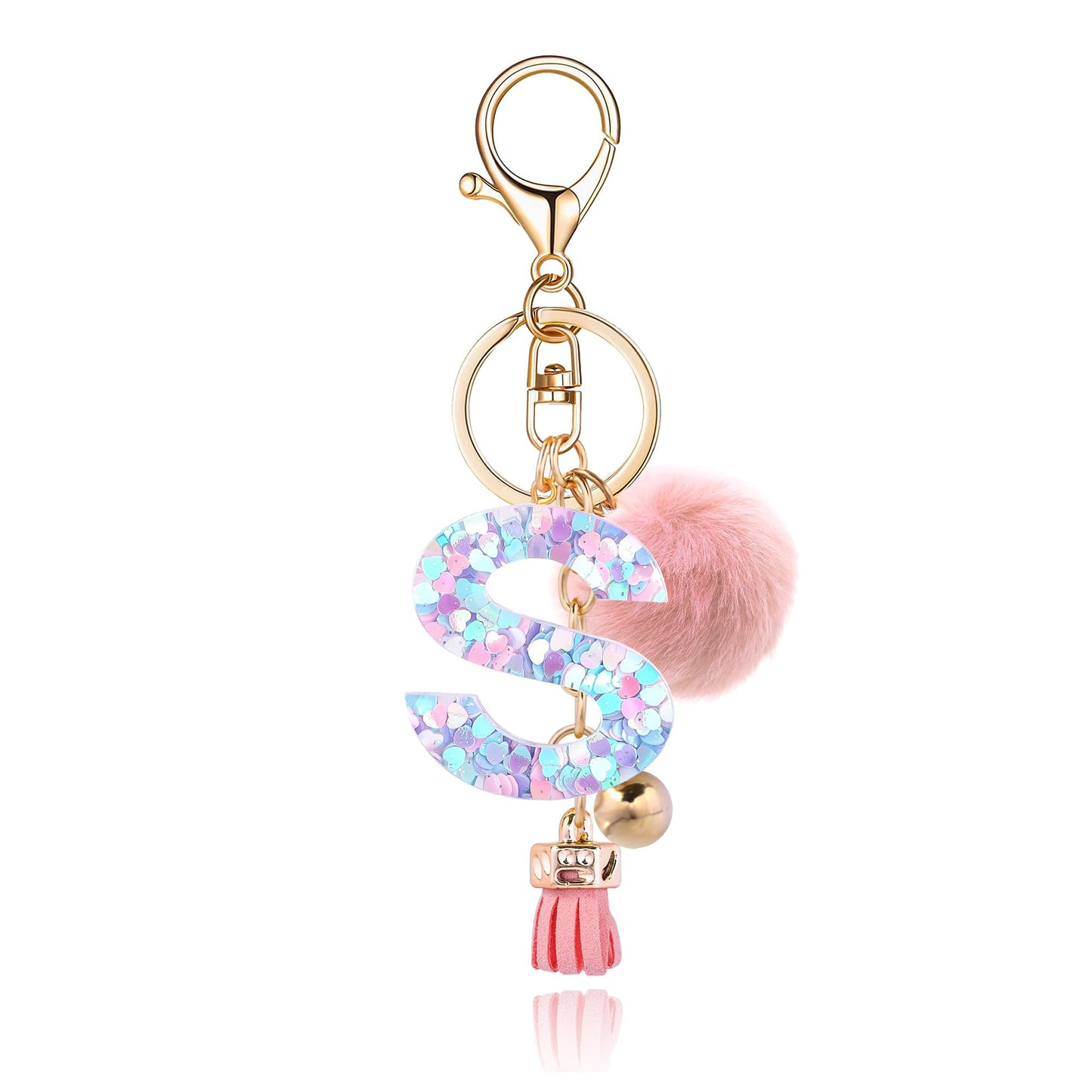 Resin Alphabet Initial Letter Keychain Keyring for Women Purse Handbags With Fur Ball Pom