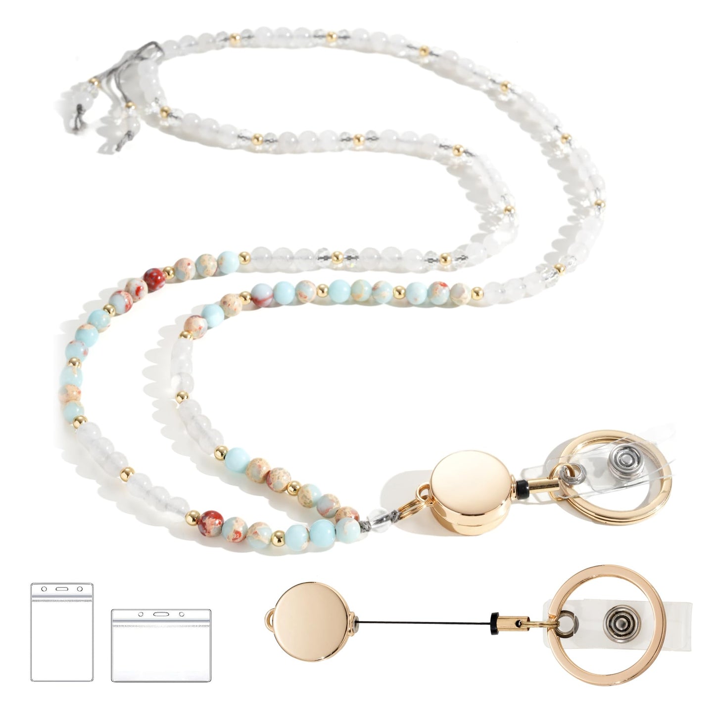 Retractable Lanyards for ID Badges and Keys, Beaded Lanyards for Women Natural Stone, Teacher Lanyard High-Performance Cute Lanyard Morganite